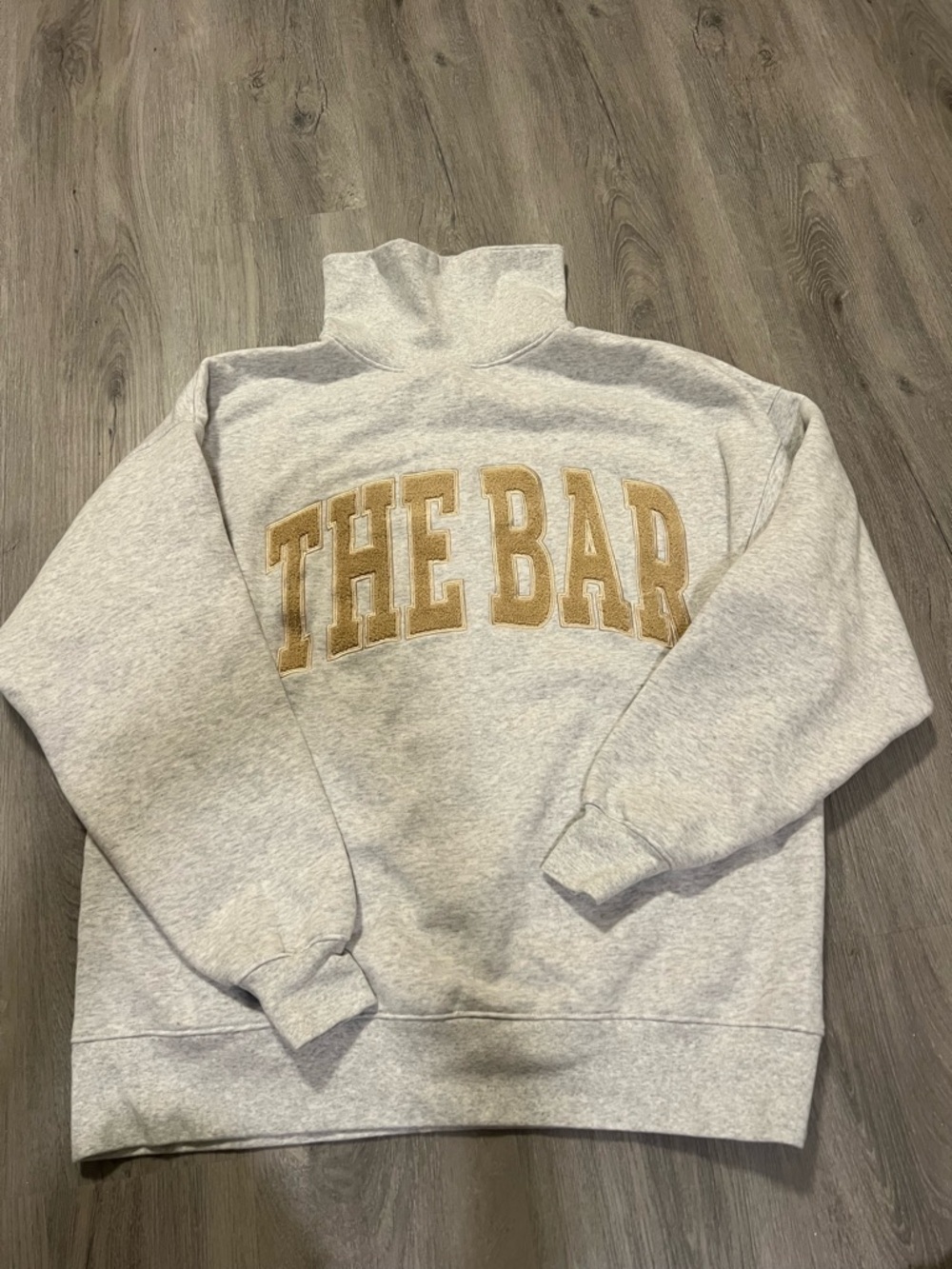 THE BAR Gray High-Neck Crewneck Sweater with Gold Applique